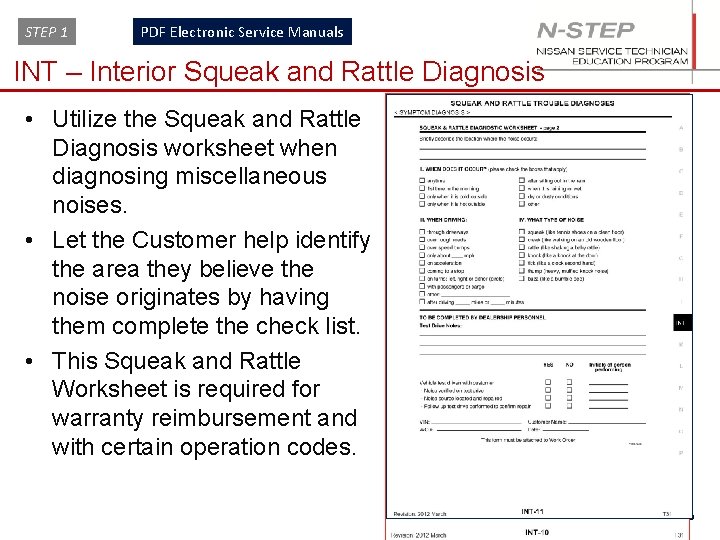 STEP 1 PDF Electronic Service Manuals INT – Interior Squeak and Rattle Diagnosis •
