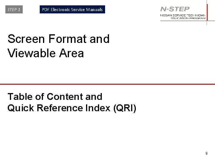 STEP 1 PDF Electronic Service Manuals Screen Format and Viewable Area Table of Content