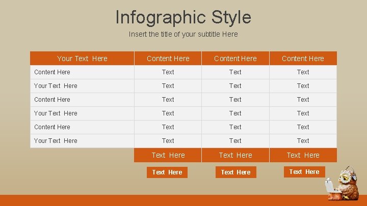 Infographic Style Insert the title of your subtitle Here Your Text Here Content Here
