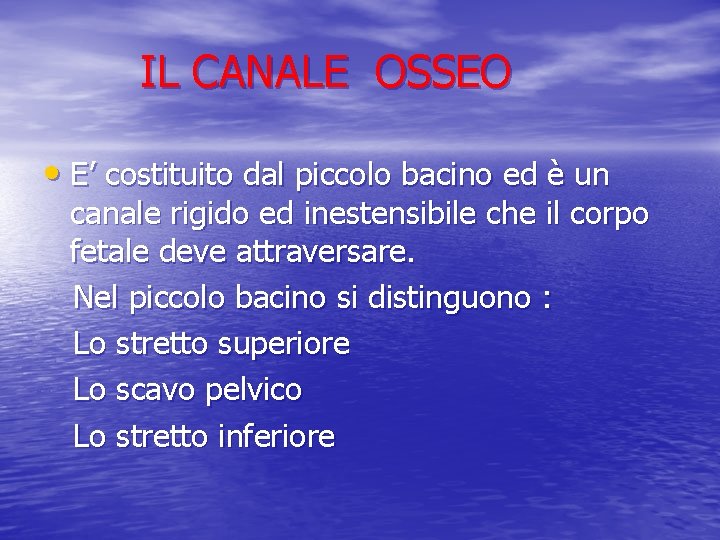 IL CANALE OSSEO • E’ costituito dal piccolo bacino ed è un canale rigido