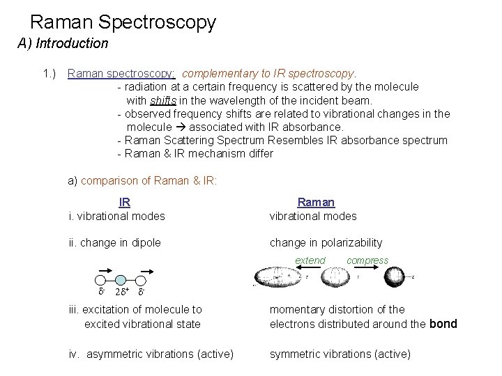 Raman Spectroscopy A) Introduction 1. ) Raman spectroscopy: complementary to IR spectroscopy. - radiation