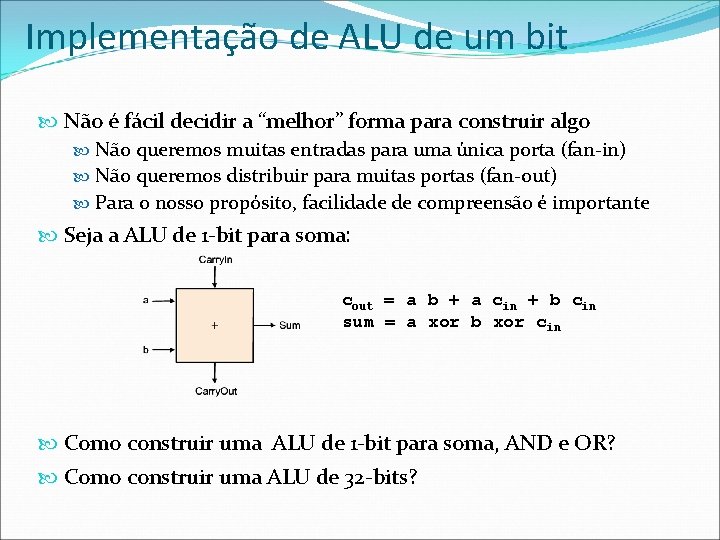 Implementação de ALU de um bit Não é fácil decidir a “melhor” forma para