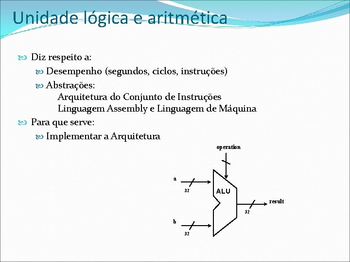 Unidade lógica e aritmética Diz respeito a: Desempenho (segundos, ciclos, instruções) Abstrações: Arquitetura do