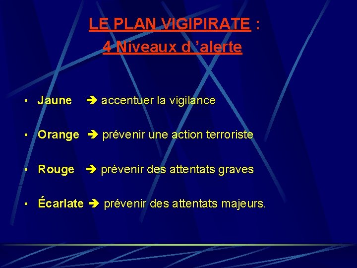 LE PLAN VIGIPIRATE : 4 Niveaux d ’alerte • Jaune accentuer la vigilance LE PLAN VIGIPIRATE : 4 Niveaux d ’alerte • Jaune accentuer la vigilance