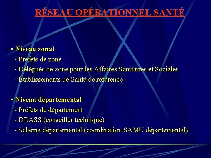 RÉSEAU OPÉRATIONNEL SANTÉ • Niveau zonal - Préfets de zone - Délégués de zone RÉSEAU OPÉRATIONNEL SANTÉ • Niveau zonal - Préfets de zone - Délégués de zone