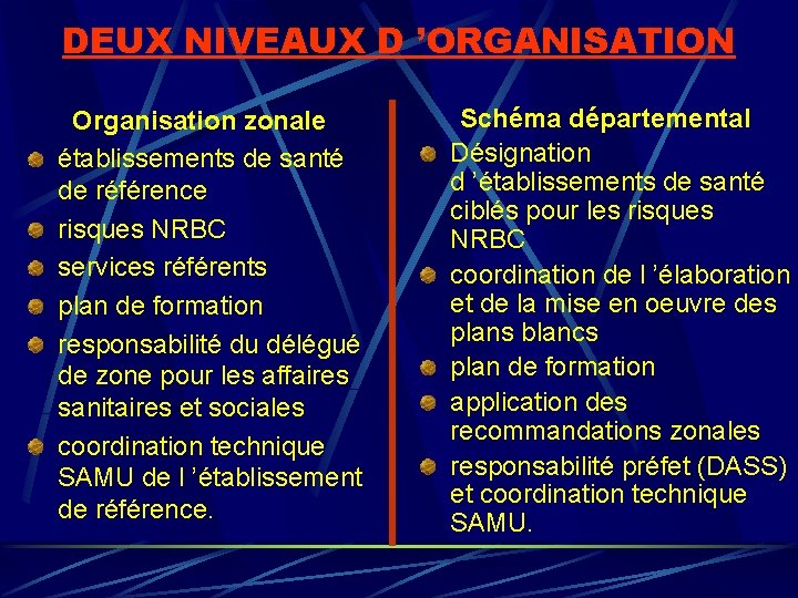 DEUX NIVEAUX D ’ORGANISATION Organisation zonale établissements de santé de référence risques NRBC services DEUX NIVEAUX D ’ORGANISATION Organisation zonale établissements de santé de référence risques NRBC services