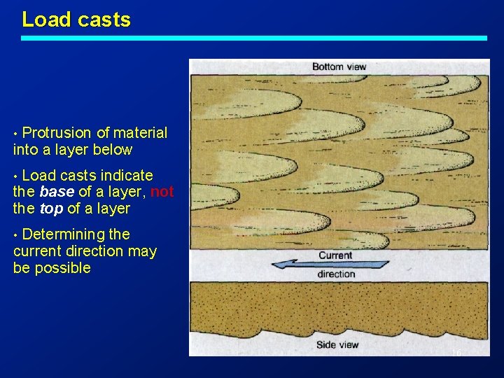 Load casts Protrusion of material into a layer below • Load casts indicate the