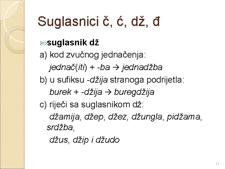 Suglasnici č, ć, dž, đ suglasnik dž a) kod zvučnog jednačenja: jednač(iti) + -ba