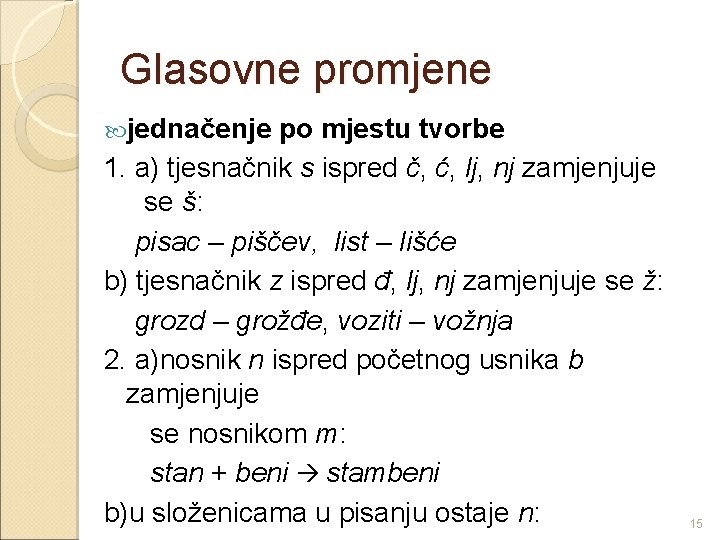 Glasovne promjene jednačenje po mjestu tvorbe 1. a) tjesnačnik s ispred č, ć, lj,