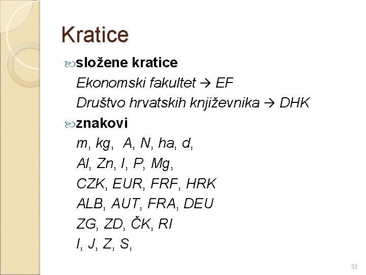 Kratice složene kratice Ekonomski fakultet EF Društvo hrvatskih književnika DHK znakovi m, kg, A,