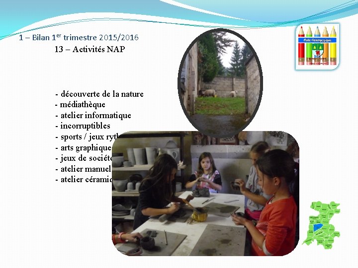 1 – Bilan 1 er trimestre 2015/2016 13 – Activités NAP - découverte de