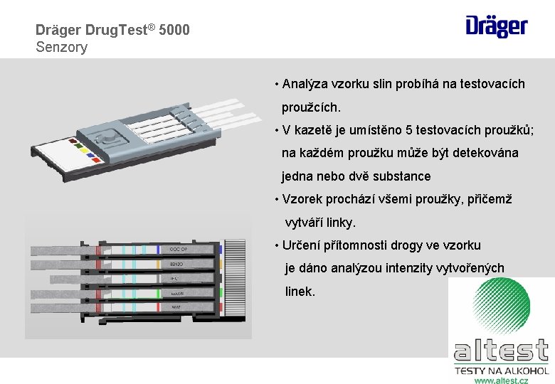 Dräger Drug. Test® 5000 Senzory • Analýza vzorku slin probíhá na testovacích proužcích. •