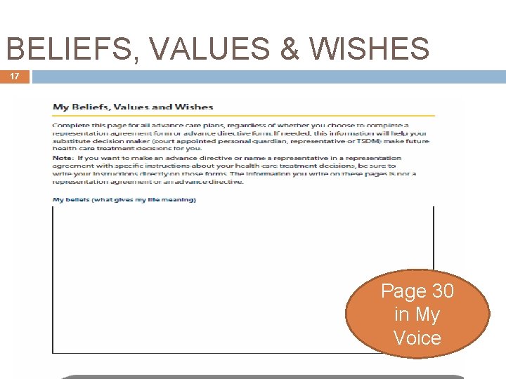 BELIEFS, VALUES & WISHES 17 Page 30 in My Voice 