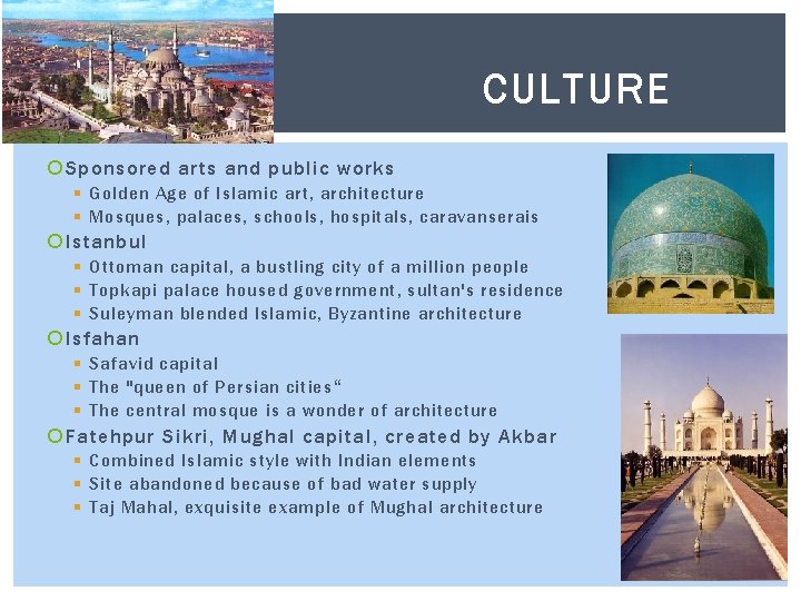 CULTURE Sponsored arts and public works § Golden Age of Islamic art, architecture §