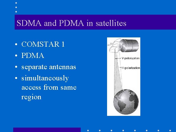 SDMA and PDMA in satellites • • COMSTAR 1 PDMA separate antennas simultaneously access