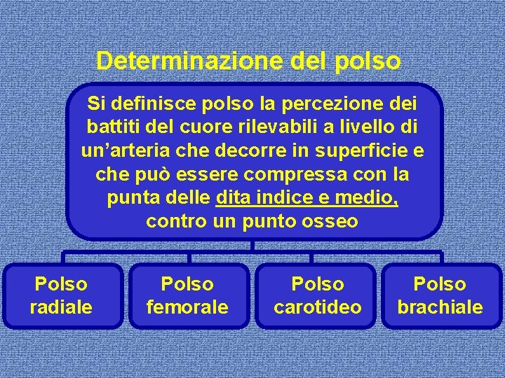 Determinazione del polso Si definisce polso la percezione dei battiti del cuore rilevabili a