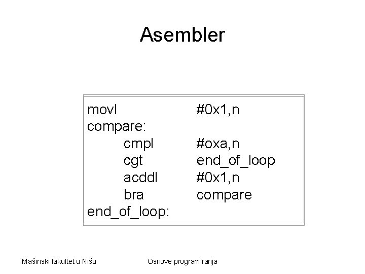 Asembler movl compare: cmpl cgt acddl bra end_of_loop: Mašinski fakultet u Nišu #0 x