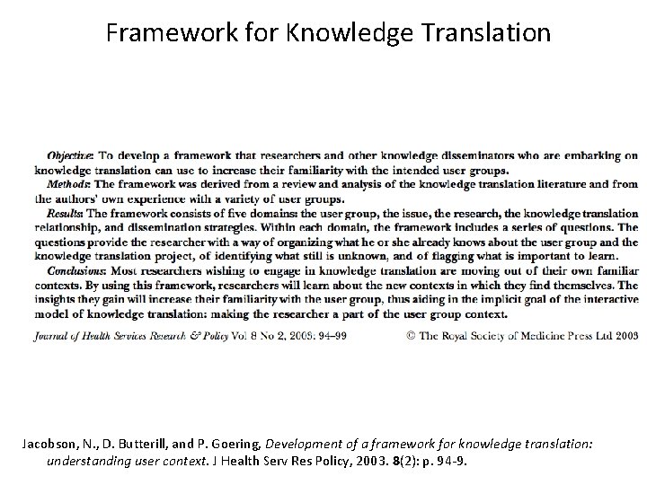 Framework for Knowledge Translation Jacobson, N. , D. Butterill, and P. Goering, Development of