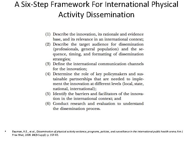 A Six-Step Framework For International Physical Activity Dissemination • Bauman, A. E. , et