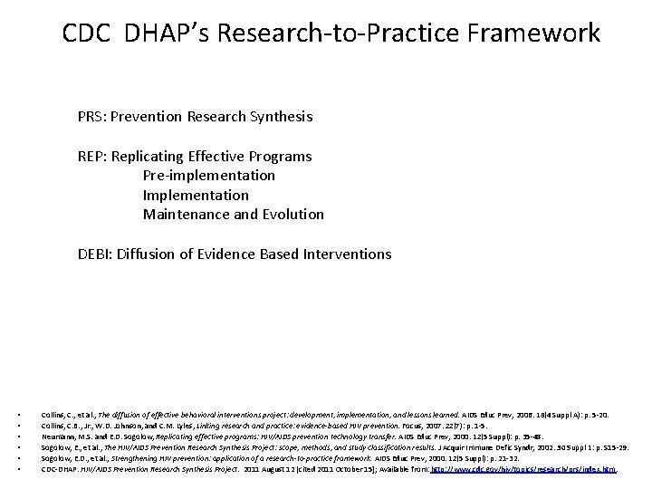 CDC DHAP’s Research-to-Practice Framework PRS: Prevention Research Synthesis REP: Replicating Effective Programs Pre-implementation Implementation