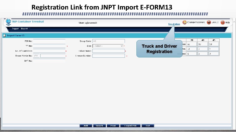 Registration Link from JNPT Import E-FORM 13 Truck and Driver Registration 
