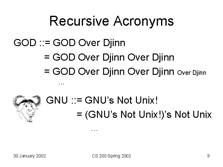 Recursive Acronyms GOD : : = GOD Over Djinn Over Djinn … GNU :