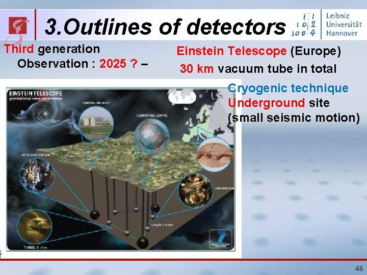 3. Outlines of detectors Third generation Observation : 2025 ? – Einstein Telescope (Europe)
