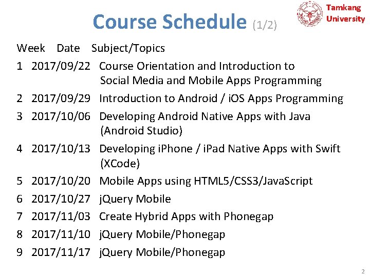 Course Schedule (1/2) Tamkang University Week Date Subject/Topics 1 2017/09/22 Course Orientation and Introduction