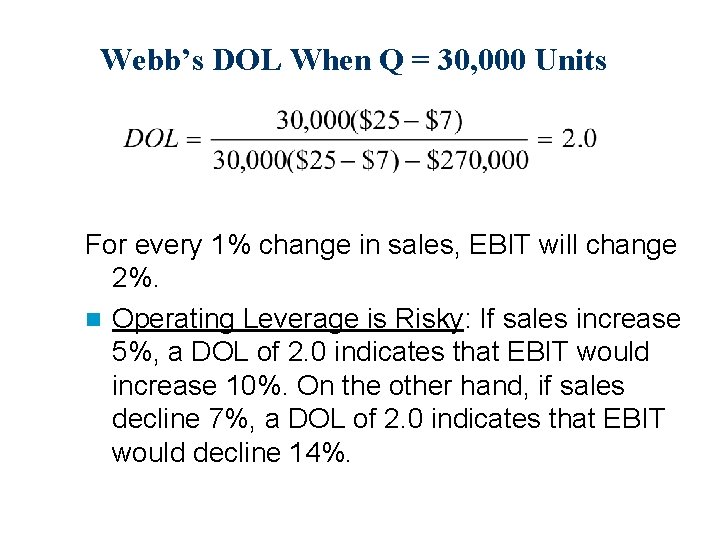 Webb’s DOL When Q = 30, 000 Units For every 1% change in sales,