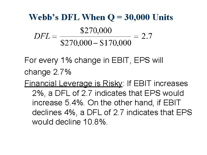 Webb’s DFL When Q = 30, 000 Units For every 1% change in EBIT,