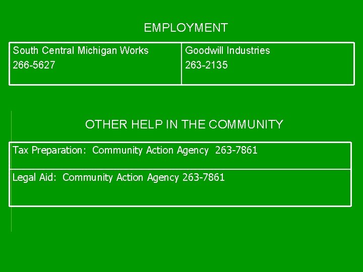 EMPLOYMENT South Central Michigan Works 266 -5627 Goodwill Industries 263 -2135 OTHER HELP IN