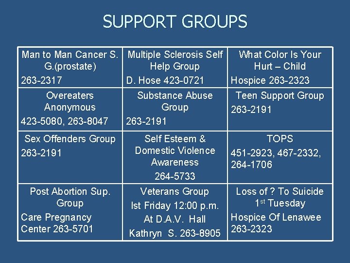 SUPPORT GROUPS Man to Man Cancer S. Multiple Sclerosis Self What Color Is Your