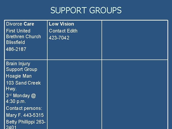 SUPPORT GROUPS Divorce Care First United Brethren Church Blissfield 486 -2187 Brain Injury Support