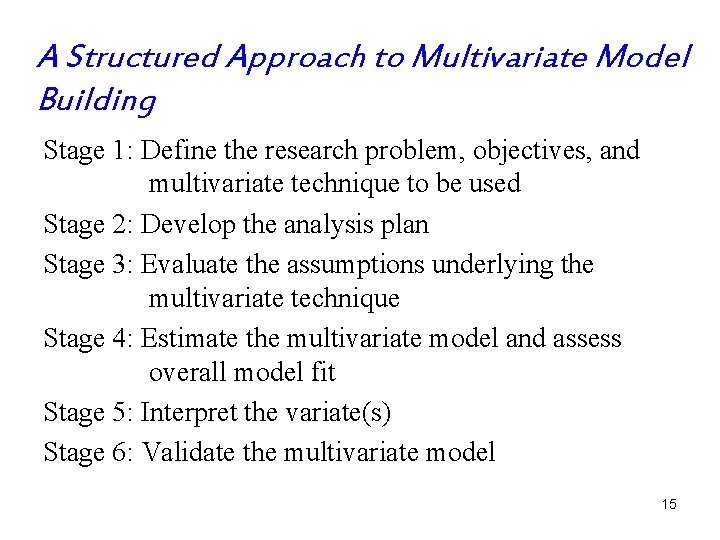 A Structured Approach to Multivariate Model Building Stage 1: Define the research problem, objectives,