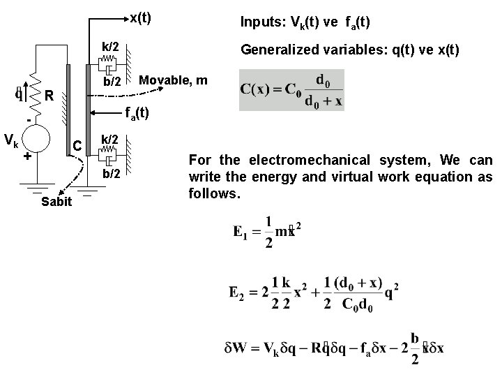 x(t) Inputs: Vk(t) ve fa(t) k/2 b/2 R Movable, m fa(t) Vk Generalized variables: