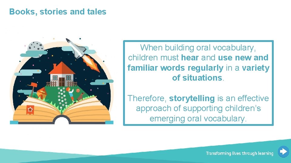 Books, stories and tales When building oral vocabulary, children must hear and use new