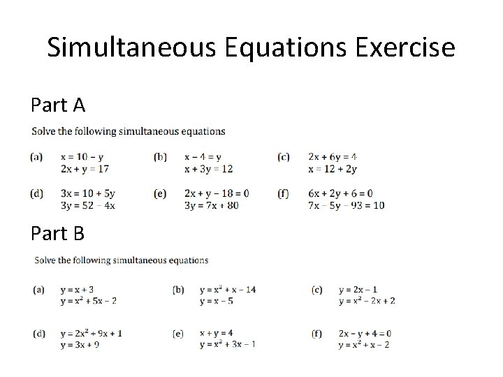 Simultaneous Equations Exercise Part A Part B 