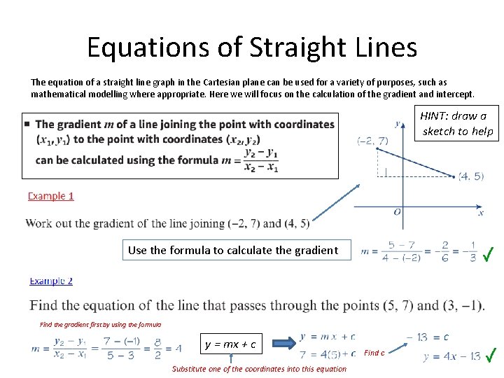 Equations of Straight Lines The equation of a straight line graph in the Cartesian