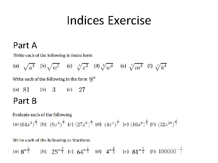 Indices Exercise Part A Part B 