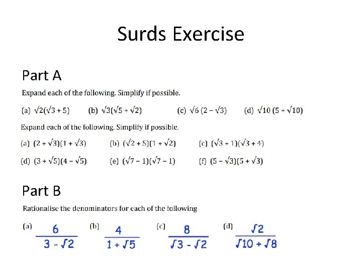 Surds Exercise Part A Part B 