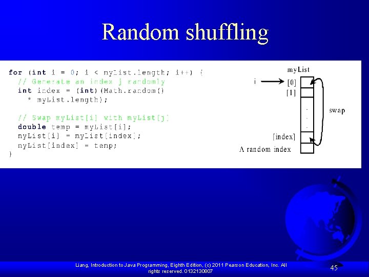 Random shuffling Liang, Introduction to Java Programming, Eighth Edition, (c) 2011 Pearson Education, Inc.