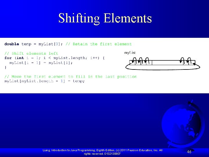Shifting Elements Liang, Introduction to Java Programming, Eighth Edition, (c) 2011 Pearson Education, Inc.