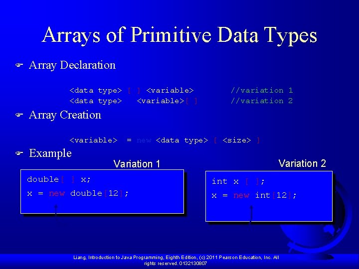 Arrays of Primitive Data Types F Array Declaration <data type> [ ] <variable> <data