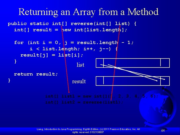 Returning an Array from a Method public static int[] reverse(int[] list) { int[] result