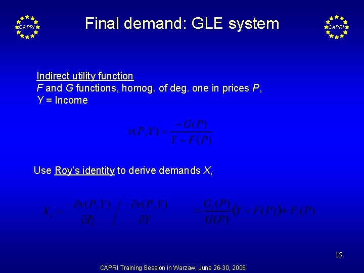 CAPRI Final demand: GLE system CAPRI Indirect utility function F and G functions, homog.