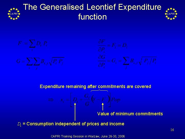 CAPRI The Generalised Leontief Expenditure function CAPRI Expenditure remaining after commitments are covered Value