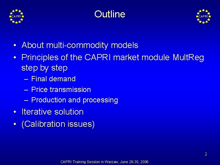 CAPRI Outline CAPRI • About multi-commodity models • Principles of the CAPRI market module