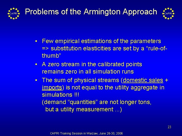 CAPRI Problems of the Armington Approach CAPRI • Few empirical estimations of the parameters