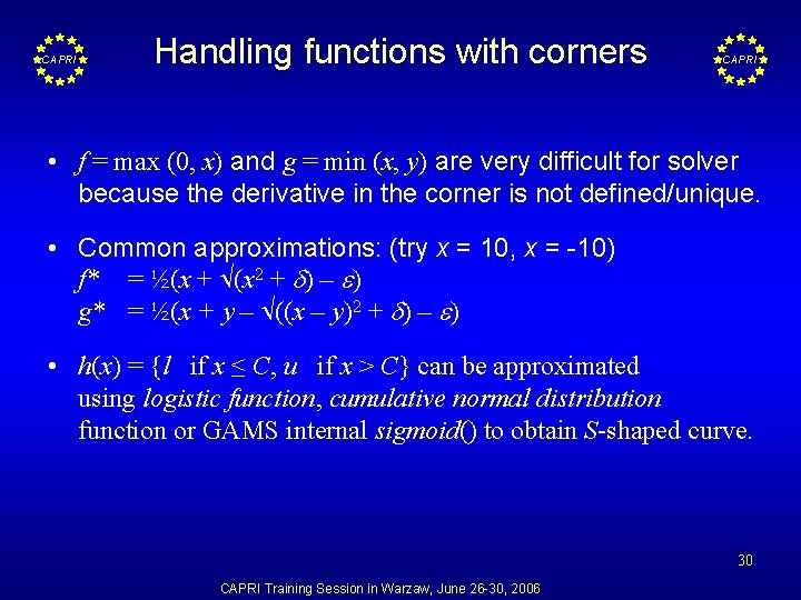 CAPRI Handling functions with corners CAPRI • f = max (0, x) and g