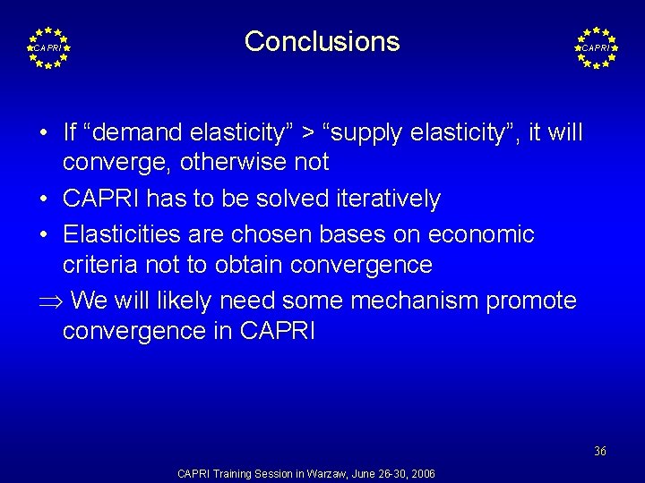 CAPRI Conclusions CAPRI • If “demand elasticity” > “supply elasticity”, it will converge, otherwise